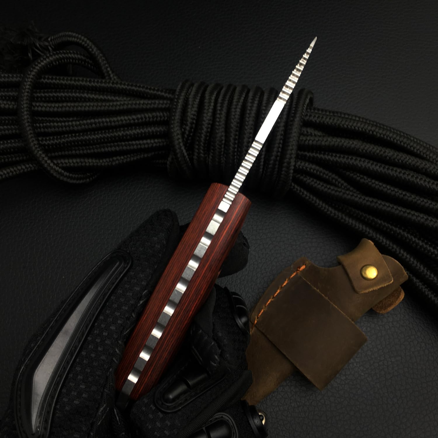 6.3 Inches Fixed Blade Knife with Leather Sheath, 8Cr13Mov Blade, Full Tang Wood Handle, EDC Camping Hunting Knife for Men