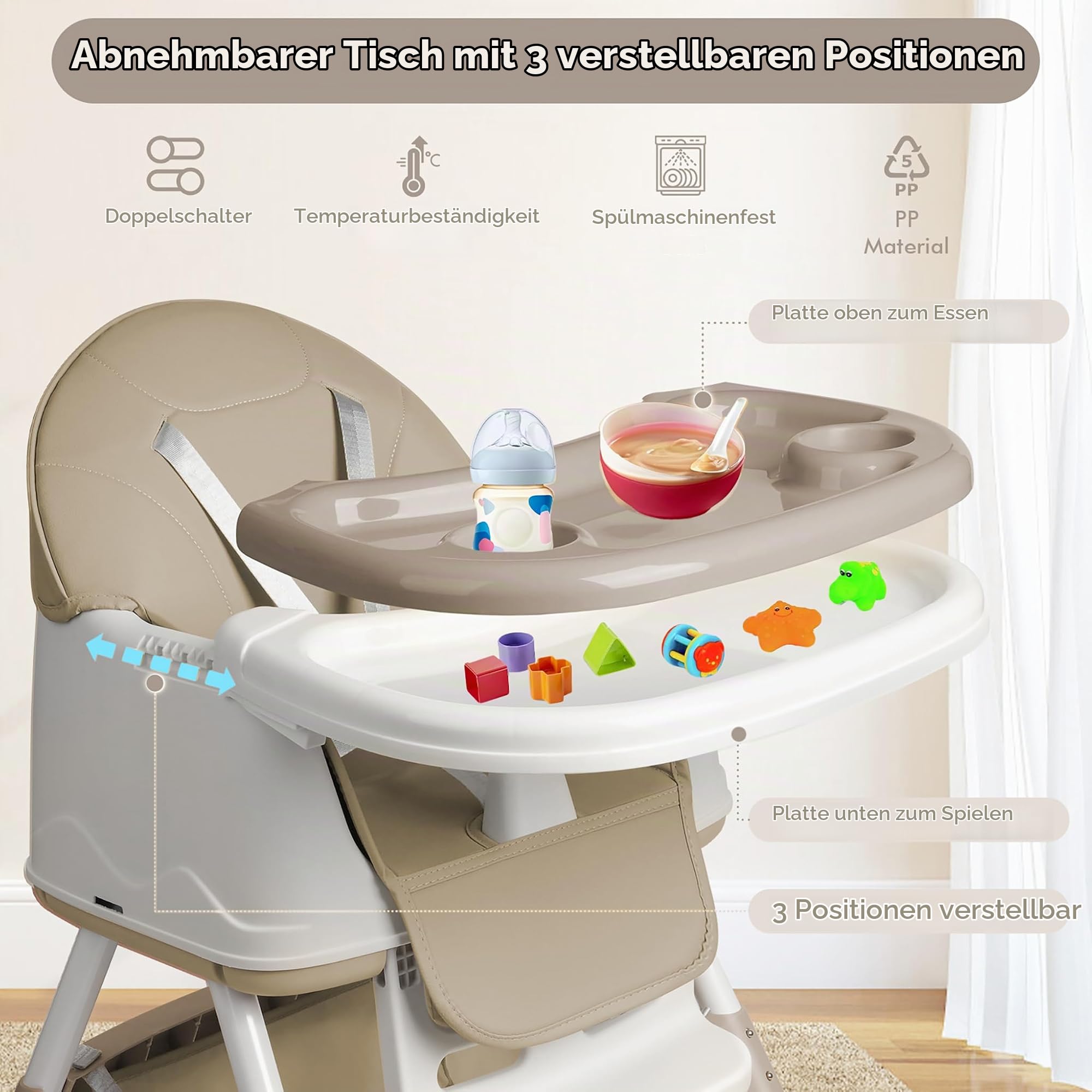UISEBRT 3-in-1 Kinderhochstuhl, Klappbarer Baby Essstuhl mit Höhenverstellung, Verstellbarem Doppeltablett, Rollen und Abnehmbarem Sitz, Kombihochstuhl für Zuhause und Unterwegs, Beige