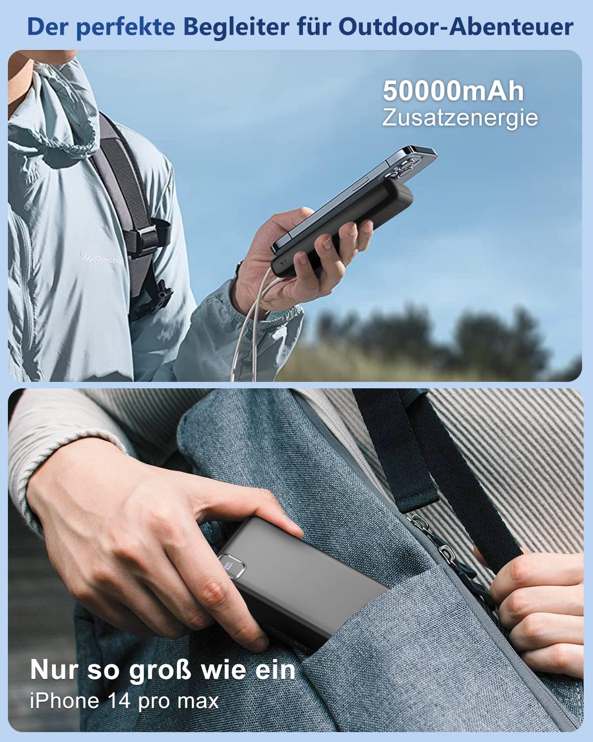 DRMARE Power Bank - Power Bank 50000 mAh con PD 20 W & QC 4.0 ricarica rapida, 4 uscite + 2 ingressi, display LED, caricatore portatile per iPhone 15/14/13 Pro ecc.