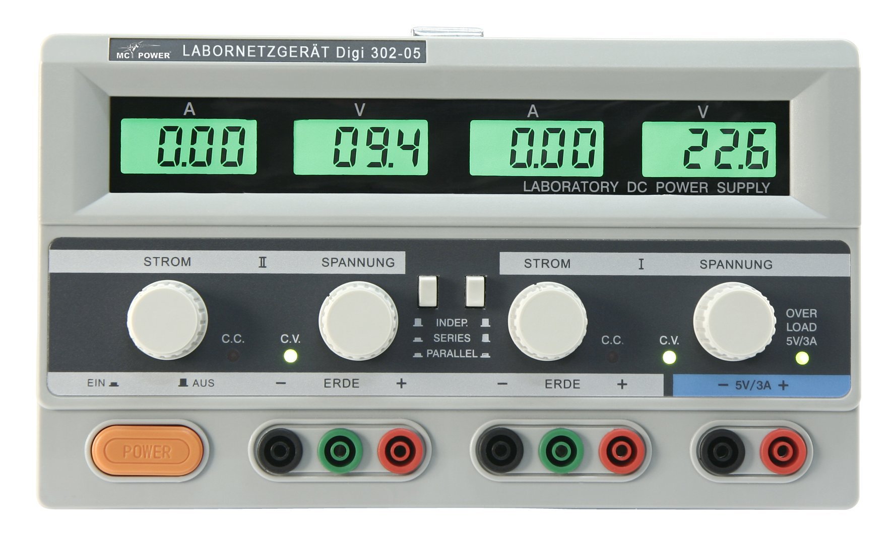 McPower Labornetzgerät Digi 302-05 | 2X 0–30V/0–5A, 1x 5V/3A | 300W, Parallel & Serienbetrieb | Kurzschlussfest, LC-Displays, stabilisiertes Netzteil