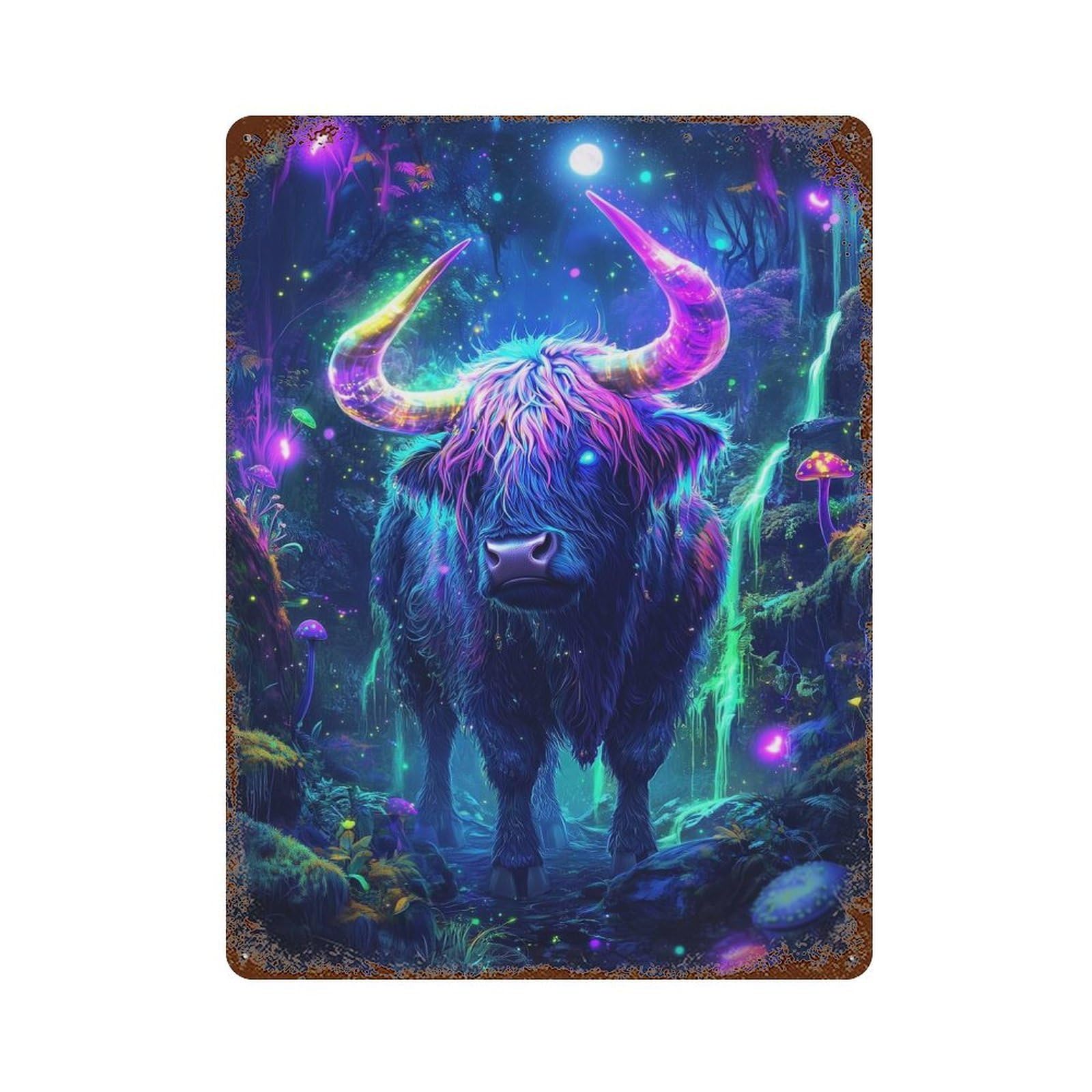 Neon Highland Cow in Forest Rust Effect Tin Sign 15.7"x11.8", Ideal for Garage, Bar And Workshop Decor