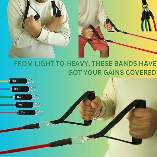 Miniatura 5 de Juego de 10 bandas de tubo de resistencia para entrenar con 1 bolsa de almacenamiento, bandas de entrenamiento con asas para hombres y mujeres,