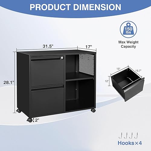 Miniatura 3 de LISSIMO Archivador lateral, archivador de 2 cajones con cerradura para tamaño A4 o carta para oficina en casa, soporte de impresora móvil con