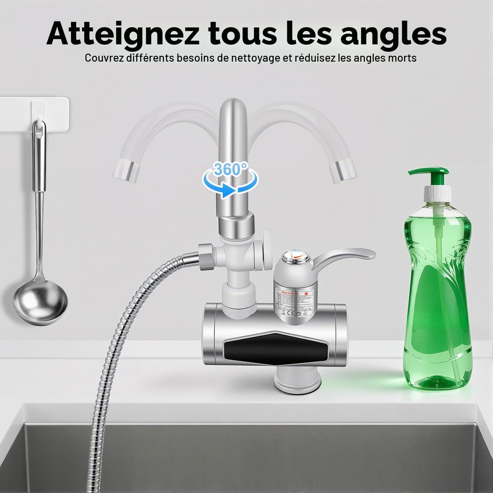 Robinet de chauffe-eau électrique, avec douche, eau chaude, pour baignoire et cuisine, pivotant à 360°, avec pommeau de douche et affichage LCD de la température, chauffe-eau instantané