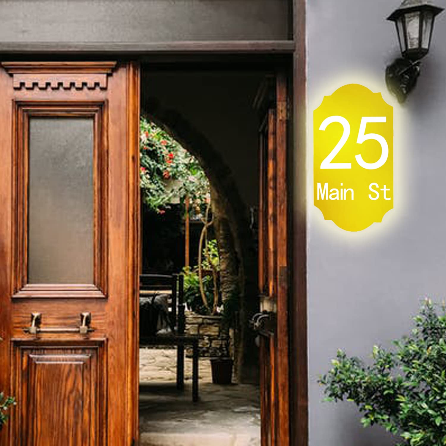 Numeri civici illuminati per esterno, segni di indirizzo illuminati impermeabili montati a parete, placche indirizzo acriliche retroilluminate LED per giardino casa, oro, luce bianca,30 * 23