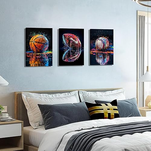 Miniatura 2 de Juego de 3 lienzos deportivos para pared, diseño retro de baloncesto, rugby, fútbol, béisbol, estilo graffiti, pintura de bolas, decoración de pared