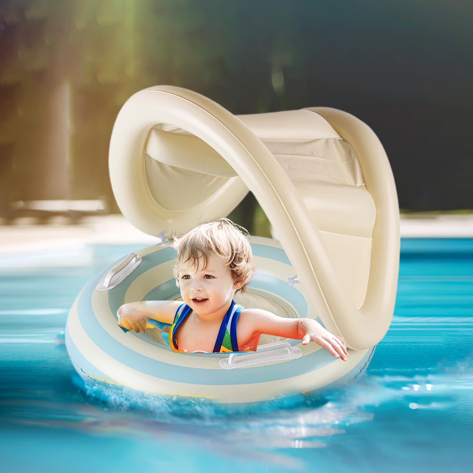 Flotador de piscina para bebé, entrenador de natación para niños, asiento flotante para niños, arnés de seguridad ajustable, toldo desmontable, anillo inflable para jugar en el agua de verano