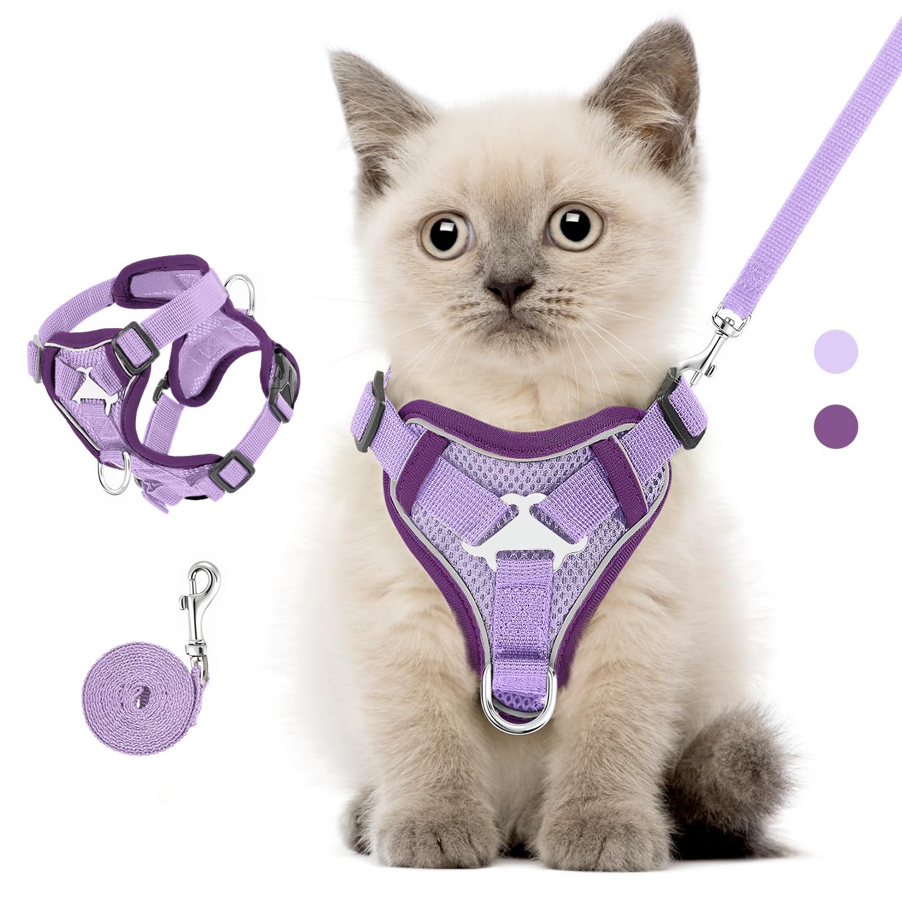 VavoPaw Pettorina per Cani con Guinzaglio da 1,5M, Imbracatura per Gatti Antifuga con Rete Traspirante e Strisce Riflettenti, Gilet Morbido e Regolabile per Cani Gatti, S, Viola Chiaro