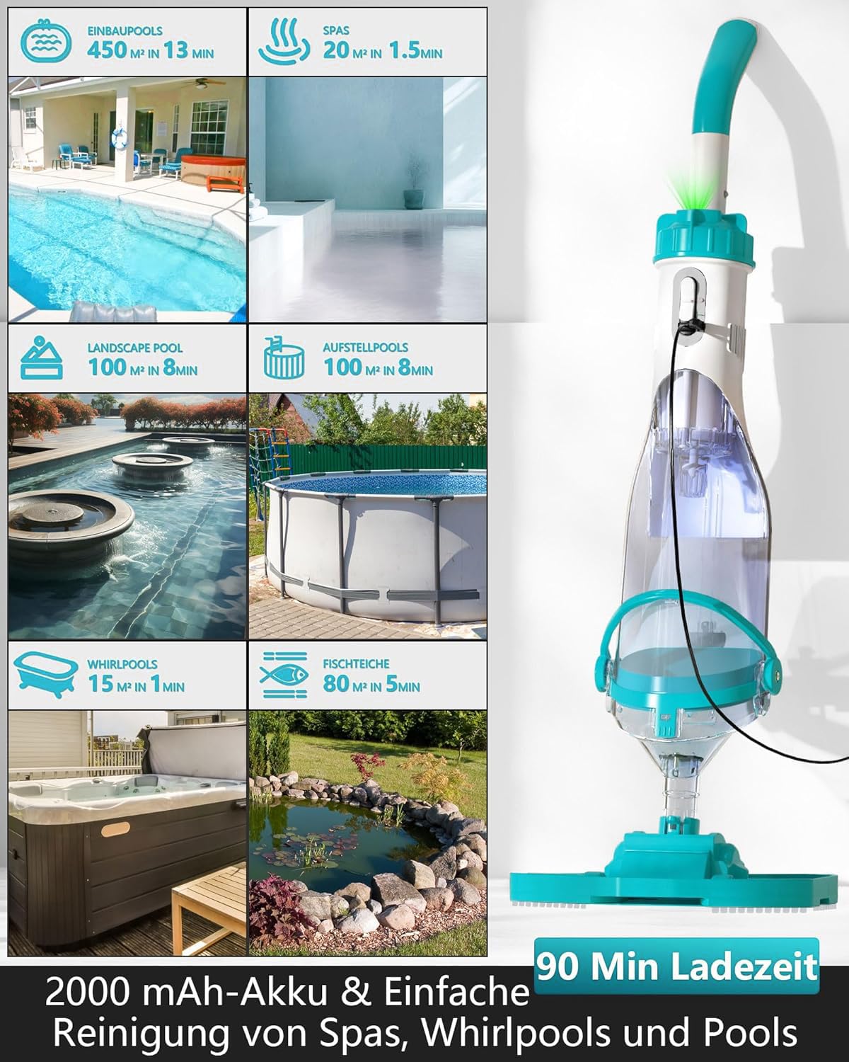 FOTING Aspirateur de piscine sans fil avec écran LED, aspiration jusqu'à 4300 l/h, aspirateur de sol de piscine avec fonction d'aspiration tout angle, autonomie jusqu'à 60 minutes, nettoyeur de