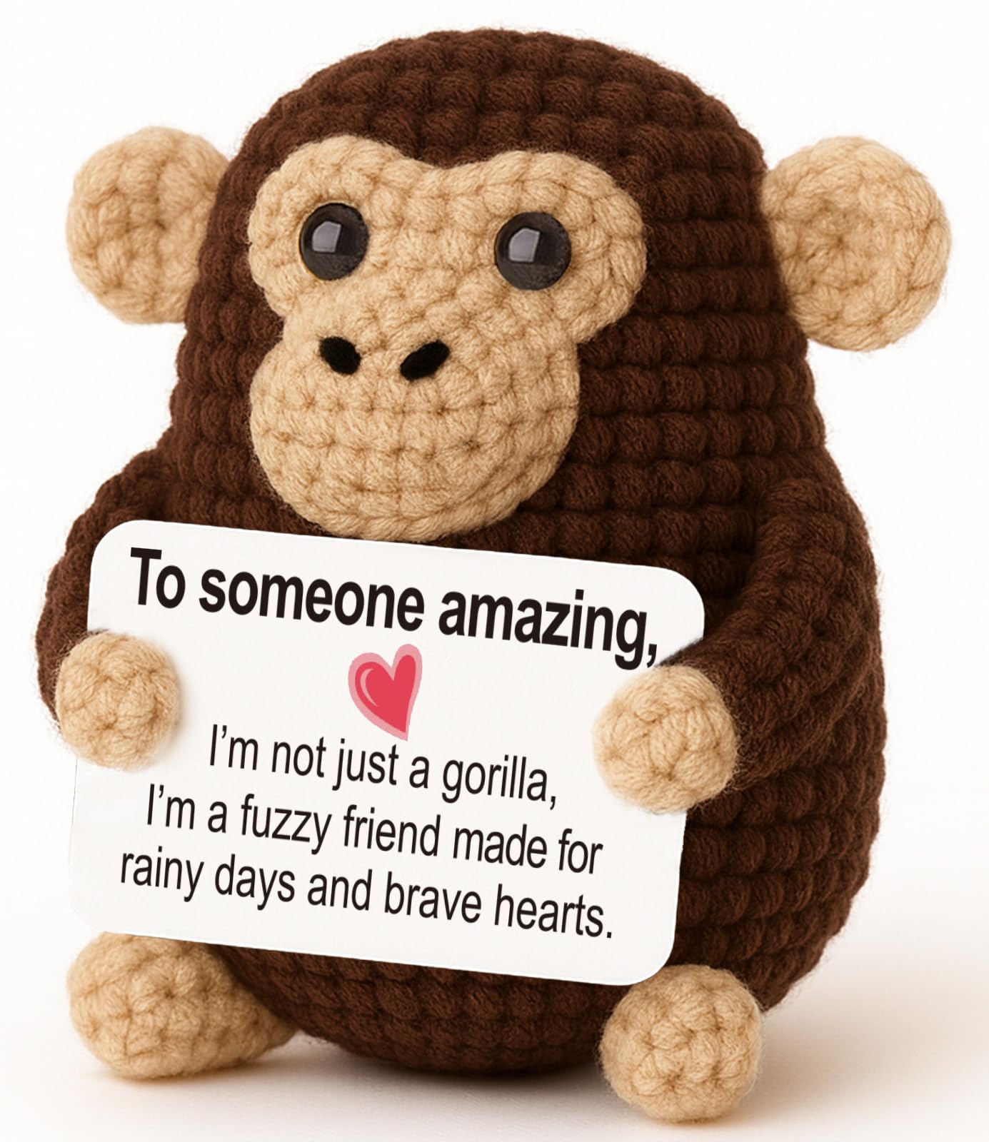 Weming Someone Amazing Gift – Mini Crochet Gorilla Plush with Fuzzy Friend Card, Handmade 8–10cm, Rainy Days Brave Hearts, Desk Shelf Decor