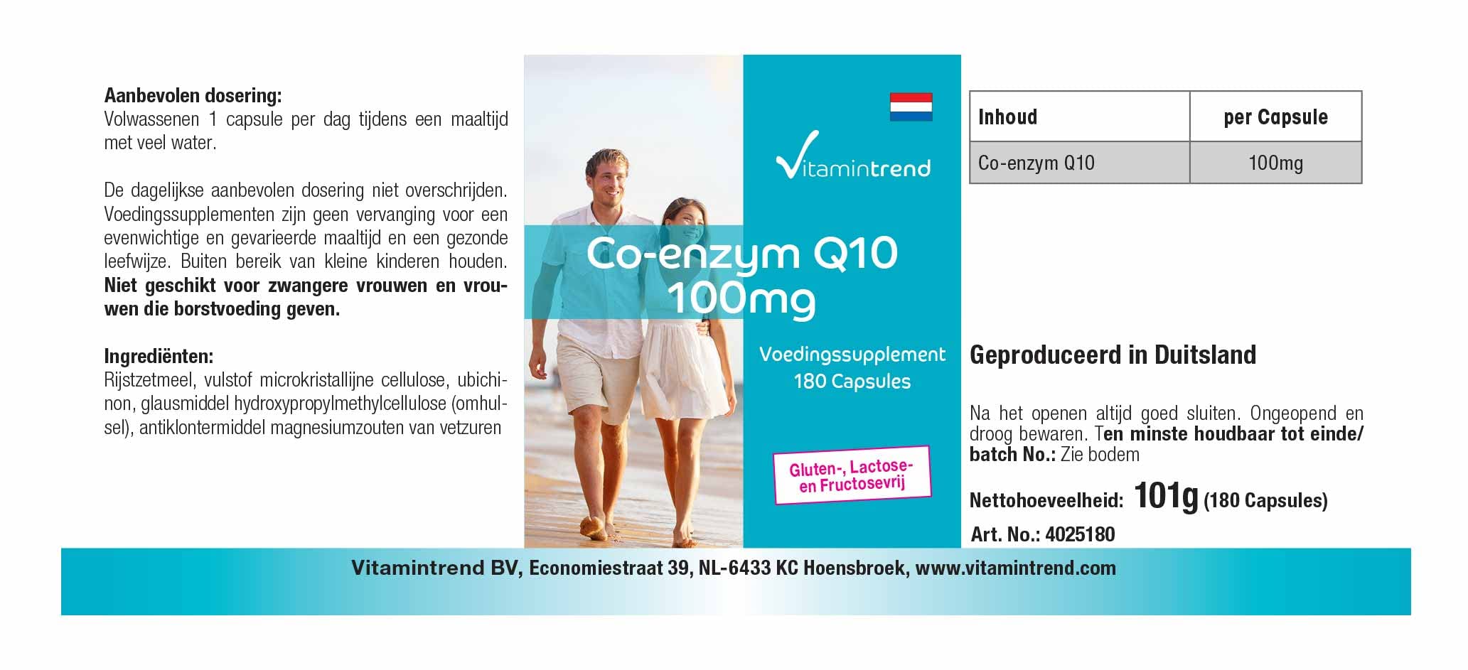 Vitamintrend Coenzima Q10 100 mg, 180 capsule, facili da deglutire, ad alto dosaggio, integratore alimentare vegano senza magnesio stearato, prodotto in Germania