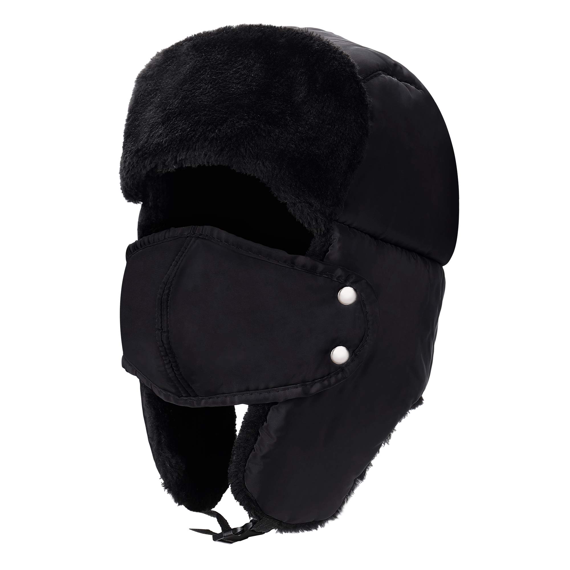 MaoXinTekBomber Cap, Unisex Winter Trapper Trooper Aviator Pilot Hat, Waterproof Warm Fur Lined with Earflaps Face Cover for Skating Ski Camping Hiking(56-63cm) Black