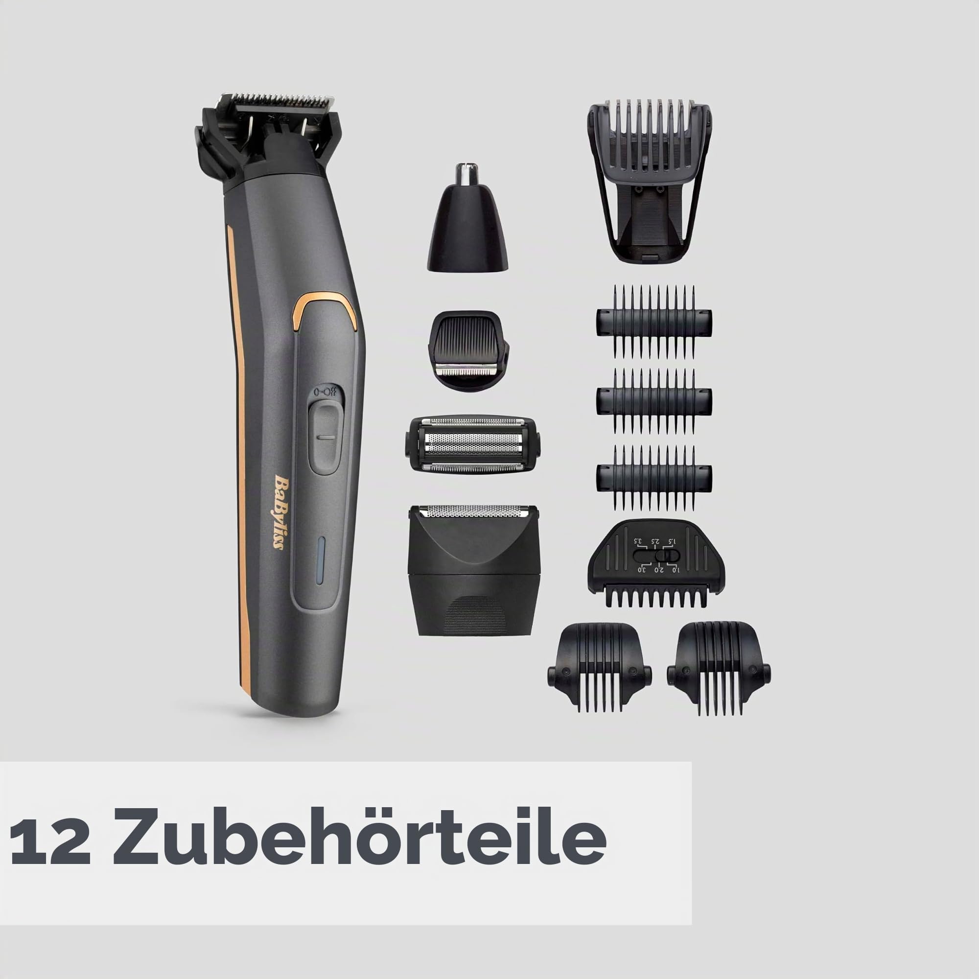 BaByliss MT987E Multi-Trimmer Graphite Precision 12-in-1, kabellos, Präzisionskopf, Körperkopf, Bartkopf, Nasen-/Ohrkopf, Rasierkopf
