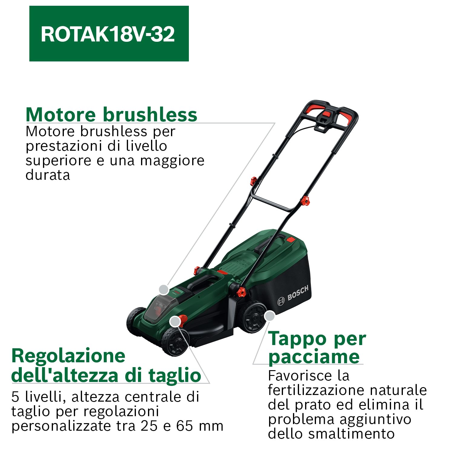 Bosch Rasaerba a batteria ROTAK18V-32 (larghezza di taglio: 32 cm, altezza di taglio: 25-65 mm, sacco raccoglierba in tessuto da 35 l, tappo per pacciame, inclusi batteria e caricabatteria)