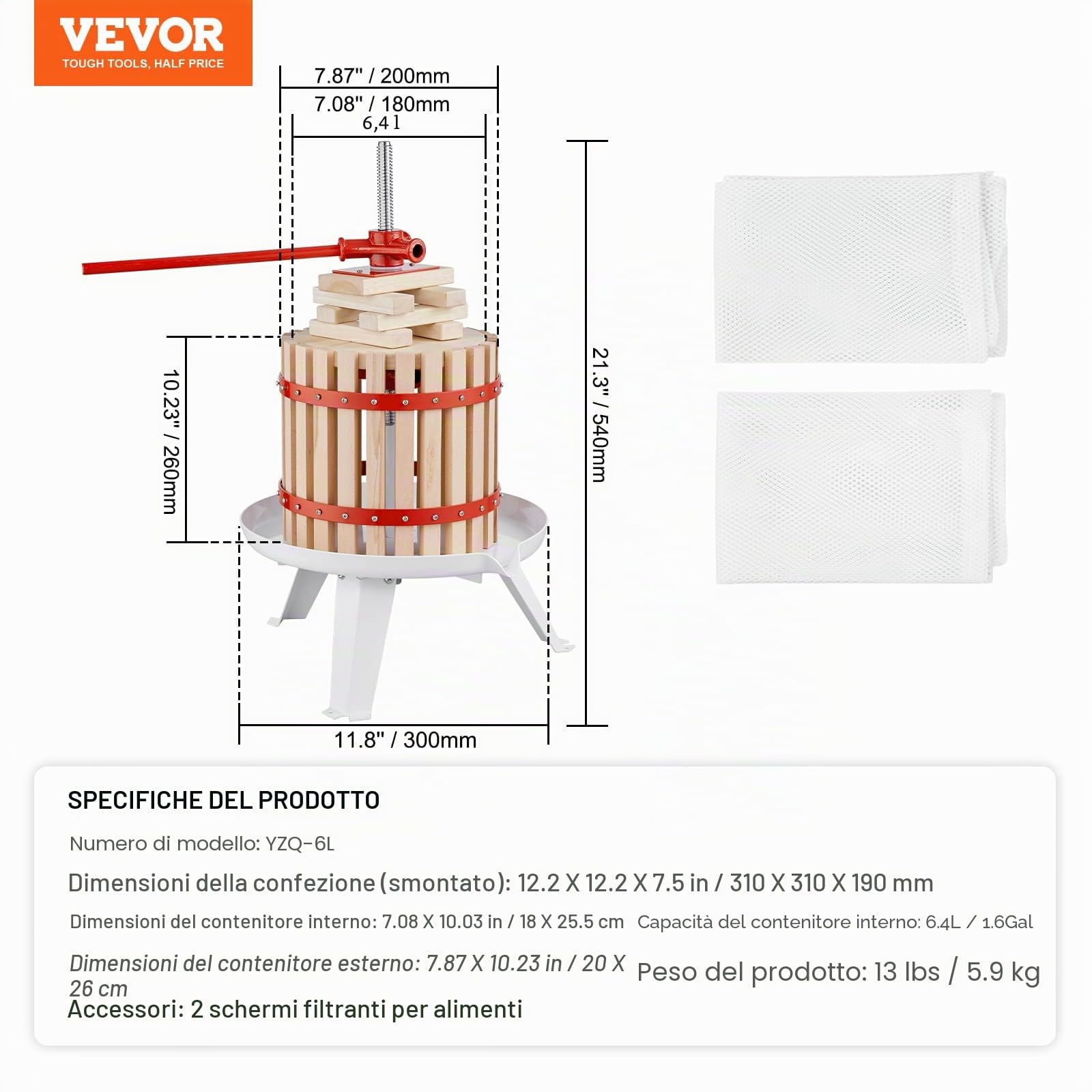 VEVOR Torchio Manuale per Vini di Frutta 6 Litri 1,6 Galloni Torchietto Pressa per Succo Spremiagrumi con Impugnatura con Cestello in Legno Massello Estrattore per Olio d'Oliva UVA Mela Verdure Miele