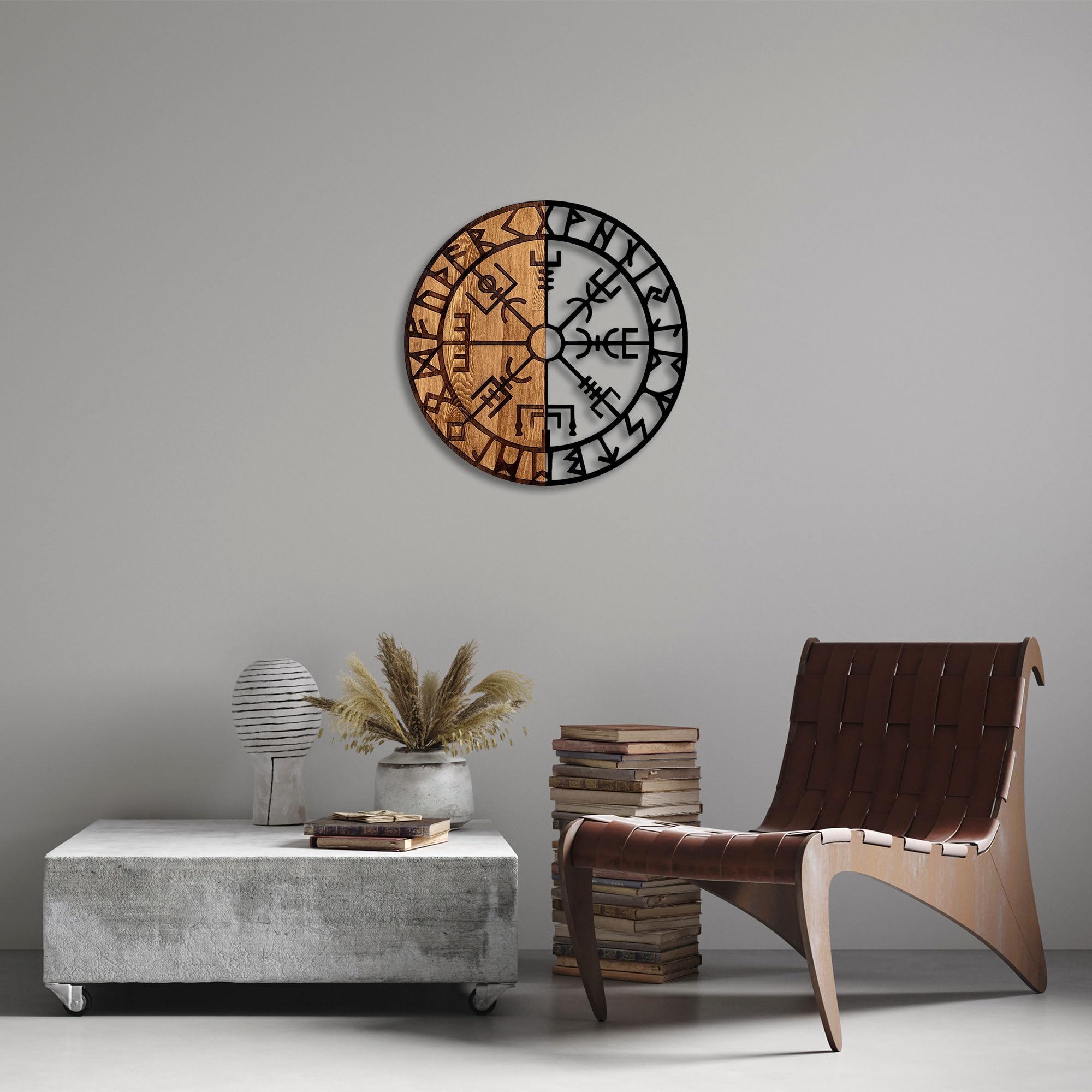 Elegant Decorative Wooden Wall Accessory, 56 cm Diameter, 50% Wood (3 cm) & 50% Metal (1.5 mm), Black & Walnut Finish, Unique Colour Variations