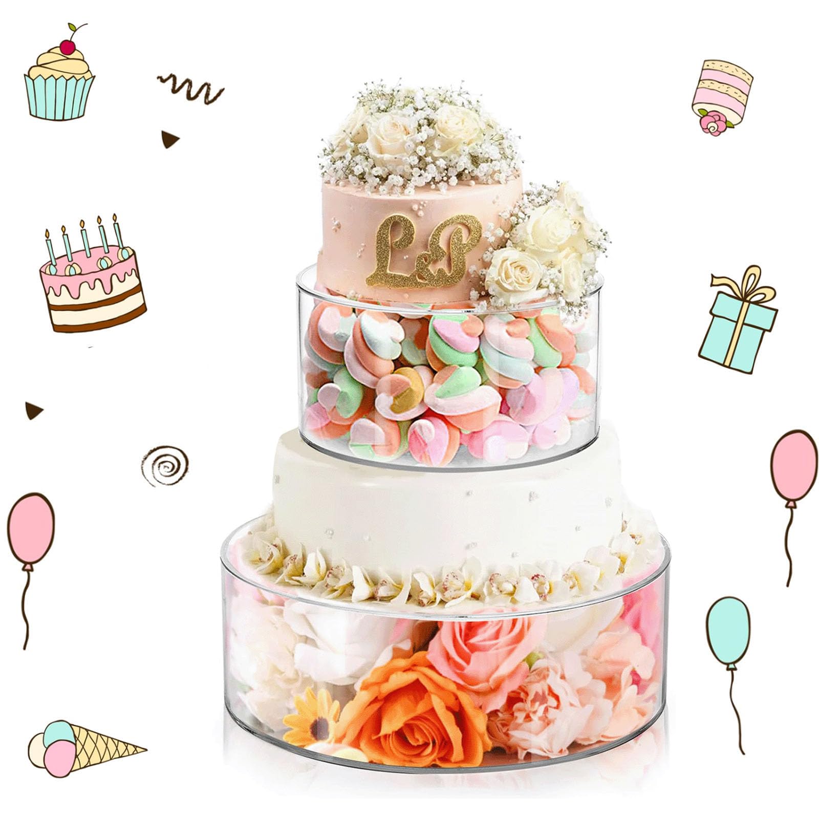 Soporte Acrílico para Tartas, 15cm+25cm Soportes para Tartas Rellenables de Acrílico Transparente con Cadena de Luz Apilables Soporte para Exhibición de Pasteles para Bodas Baby Shower Cumpleaños