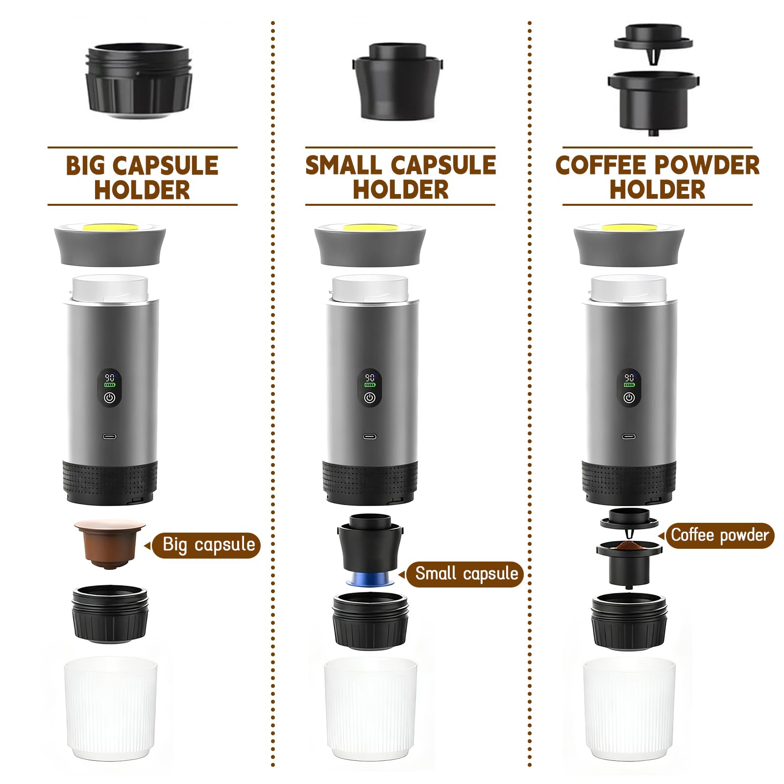 Cafetera espresso portátil compatible, mini cafetera 3 en 1 con batería | con cápsulas grandes, cápsulas pequeñas y café en polvo, calentamiento rápido, cafetera automática con pantalla
