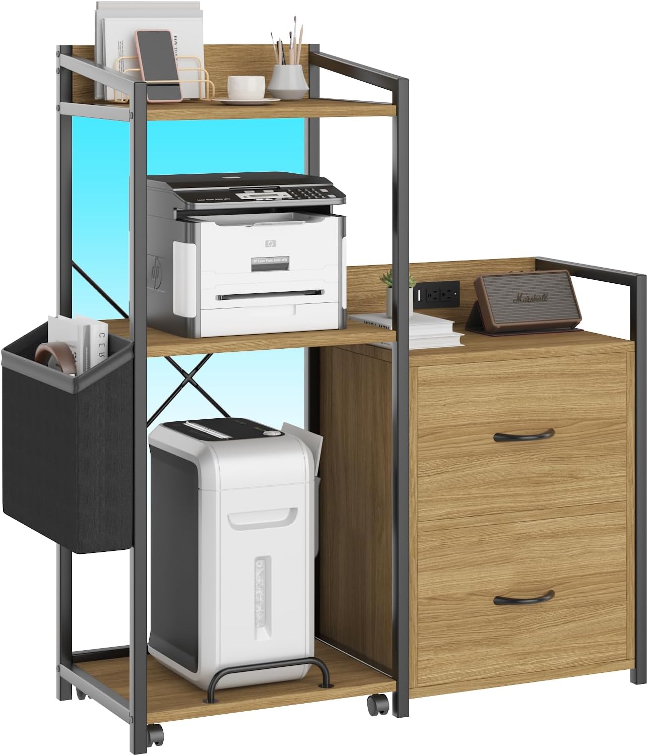 IDEALHOUSE 2 Drawer File Cabinet, Filing Cabinet Fits Letter Legal, a4 Size, File Cabinets for Home Office with Power Strip, LED Lights and Open Shelf, Printer Cabinet with Shredder Storage