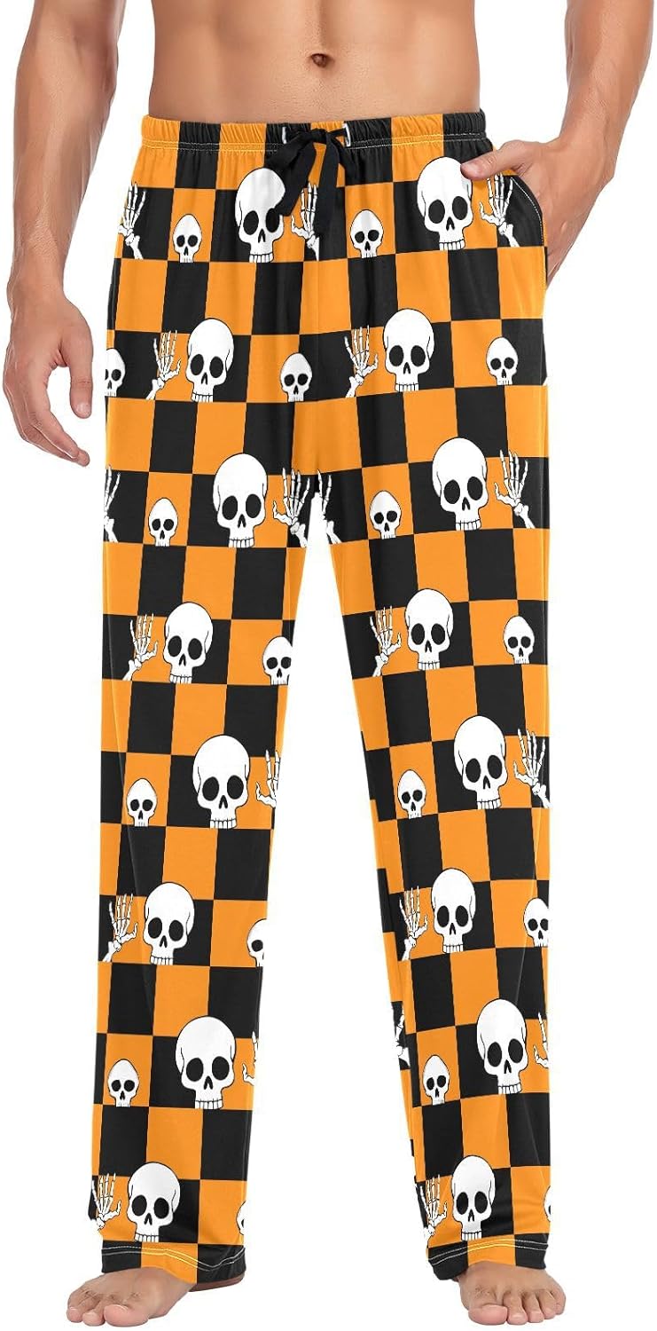 ALAZA Halloween Skull Checkered Men's Pajama Pants Men Cotton Pajama Bottoms with Pockets, S