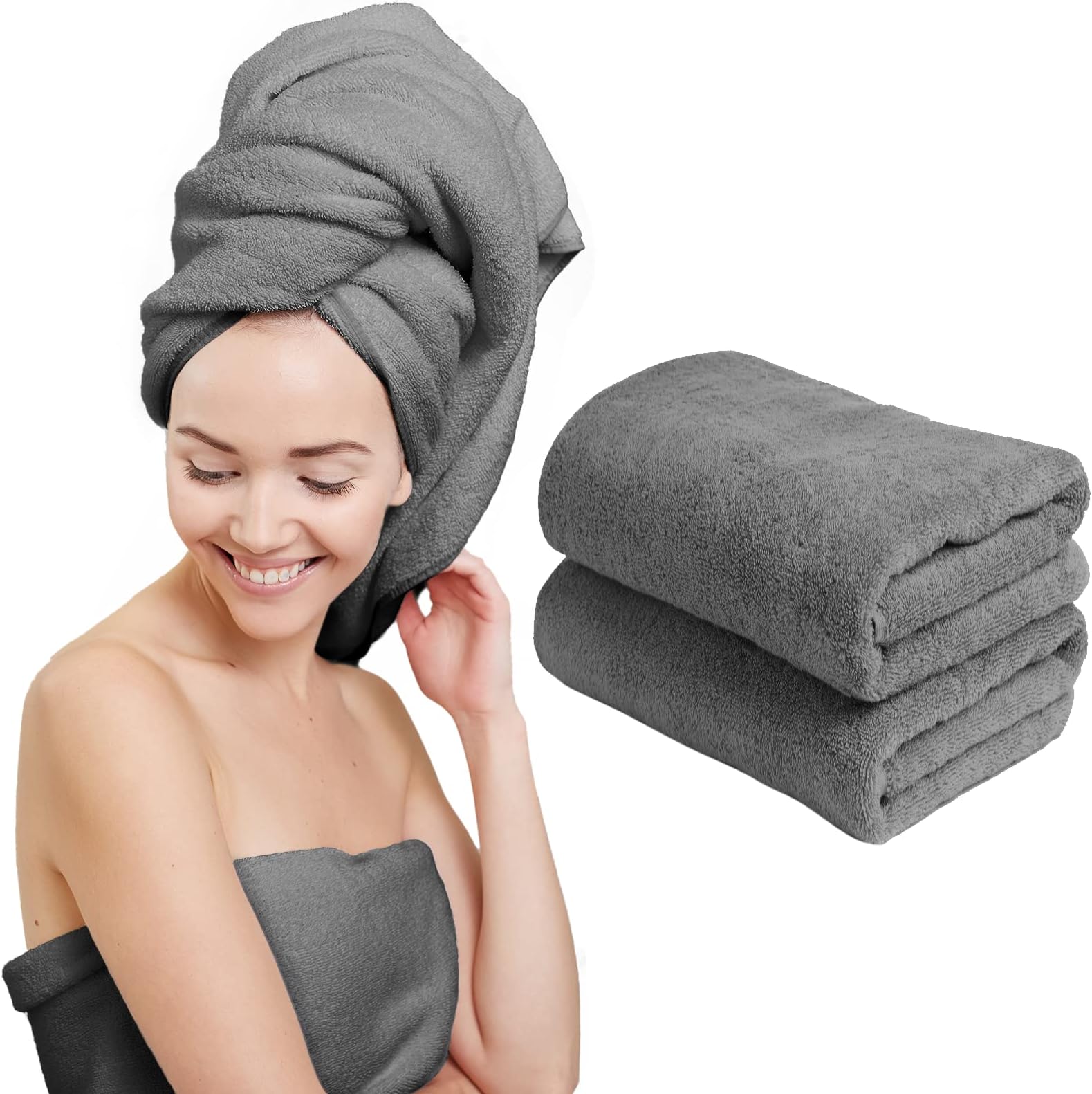 Scala Extra Large Hair Towel 24" x 48" Anti Frizz for Long Hair, Multipurpose Microfiber Bath Towel for Pool, Gym, Yoga, Camping - Quick Drying, Ultra Absorbent Includes Towel Clips, Gray, 2 Pack