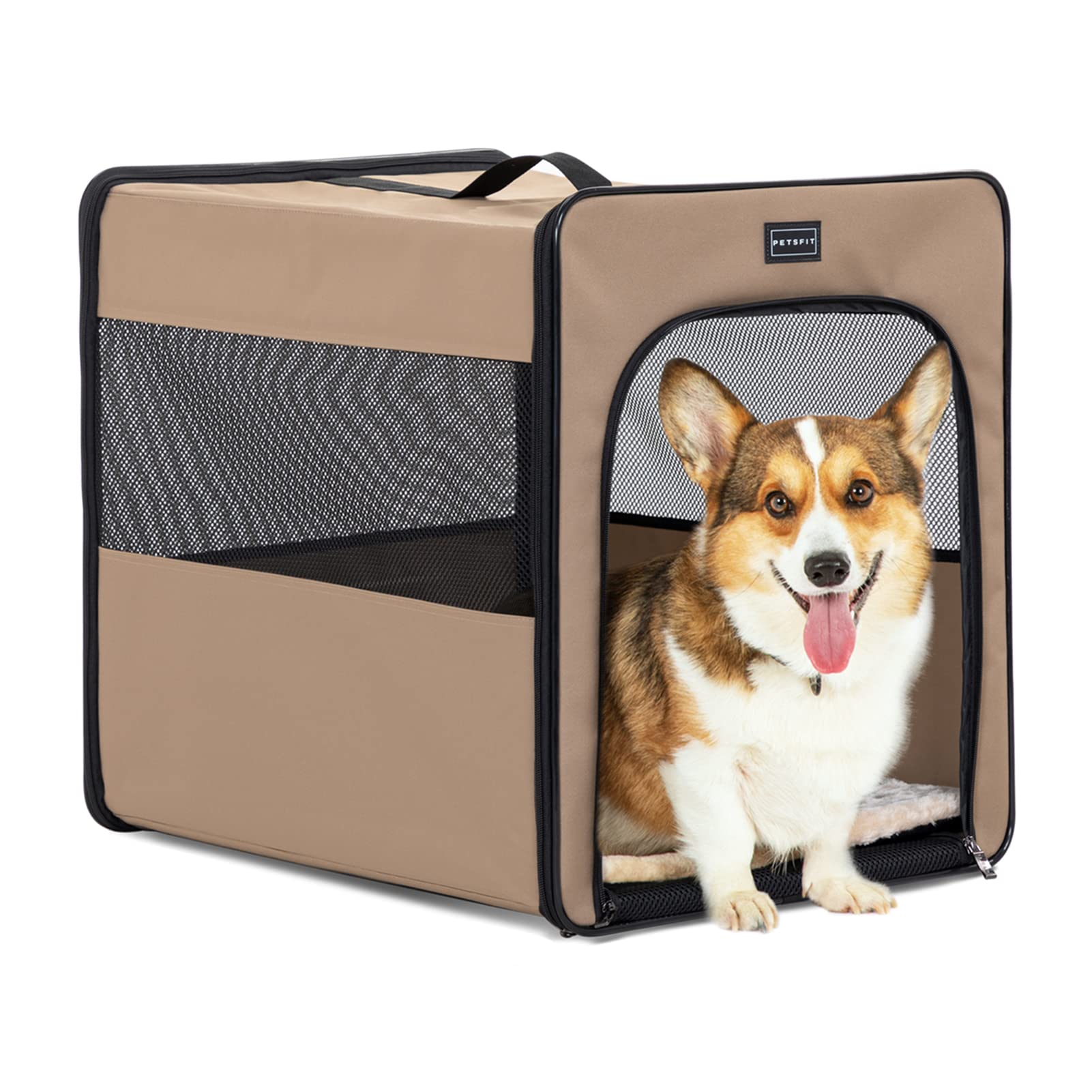 Petsfit Collapsible Dog Crate, Upgrade Zipper and Strengthen The Seam, Dog Travel Crate with Fleece Mat,24 Inch Dog Crate, Khaki