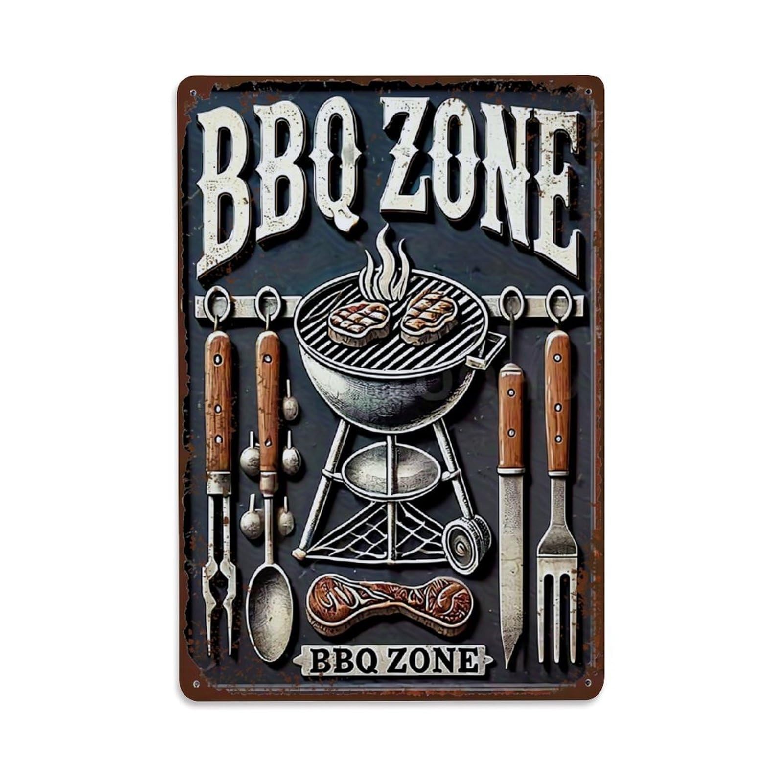 Jdyaojiesheng Vintage Bbq Zone Grill Tools Pattern Tin Sign Retro Metal Wall Decor Metal Poster, Home Bar Garage Farmhouse Cafe Wall Art Decoration 8X12inches