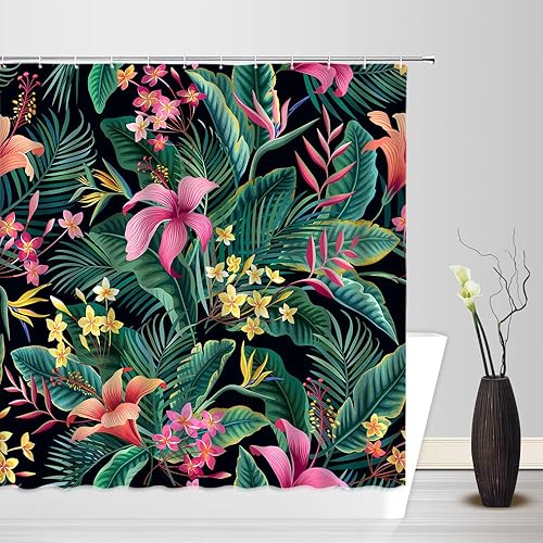Miniatura 3 de CHui DECOR Cortina de ducha de plantas tropicales florales con hojas de palma, hibisco, plumeria, flores, tela botánica hawaiana, cortina de baño de