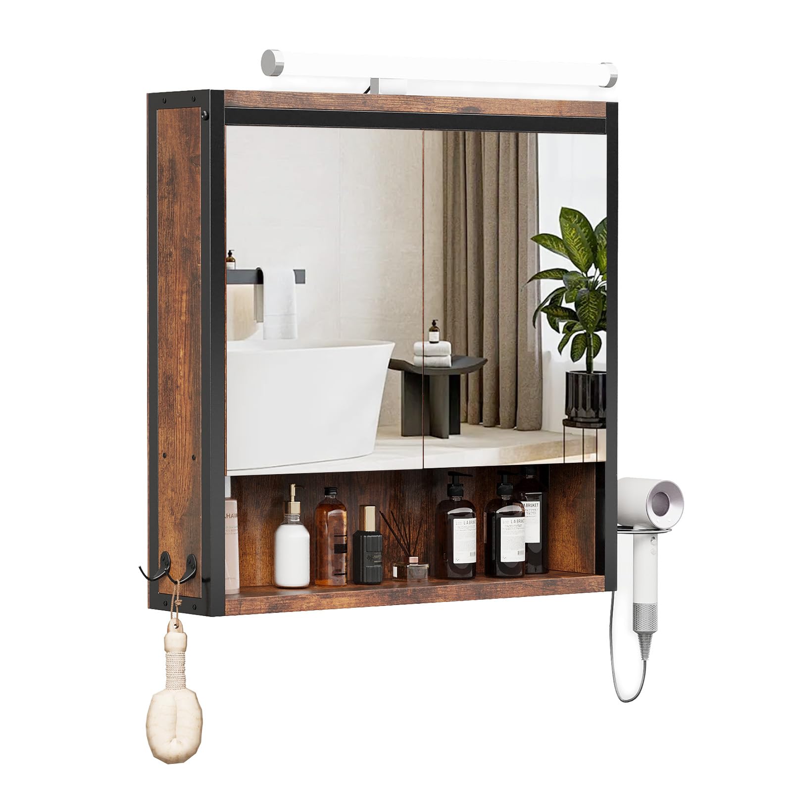 ELUCHANG Armario Espejo Baño con Luz,Mueble Baño,Rmario Colgante con Iluminacion, Mueble Baño con Espejo, 3 Compartimientos de Almacenaje, Estante Interior Ajustable, Vintage+Negro, 60x13x60 cm