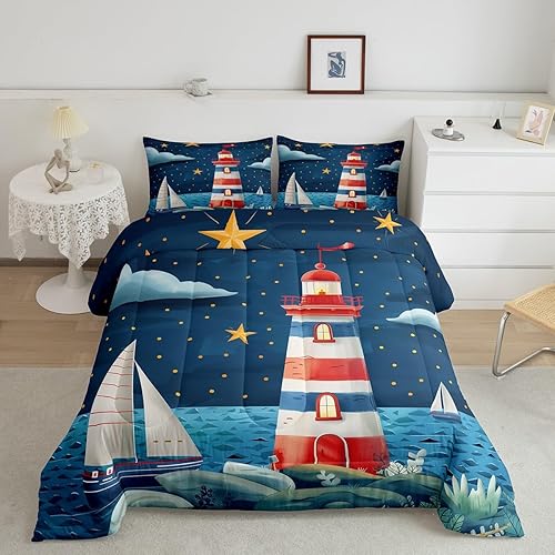 Miniatura 9 de Erosebridal Juego de edredón de ballena náutica, tamaño matrimonial, juego de ropa de cama retro azul con ondas oceánicas para niños y niñas, Negro