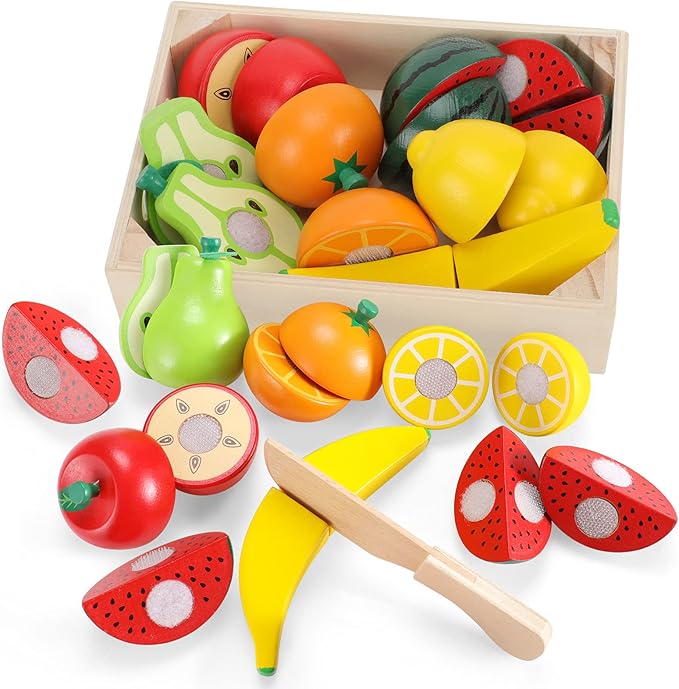 WHOHOLL Wooden Play Food Set for Kids, Toy Food for Kids Kitchen