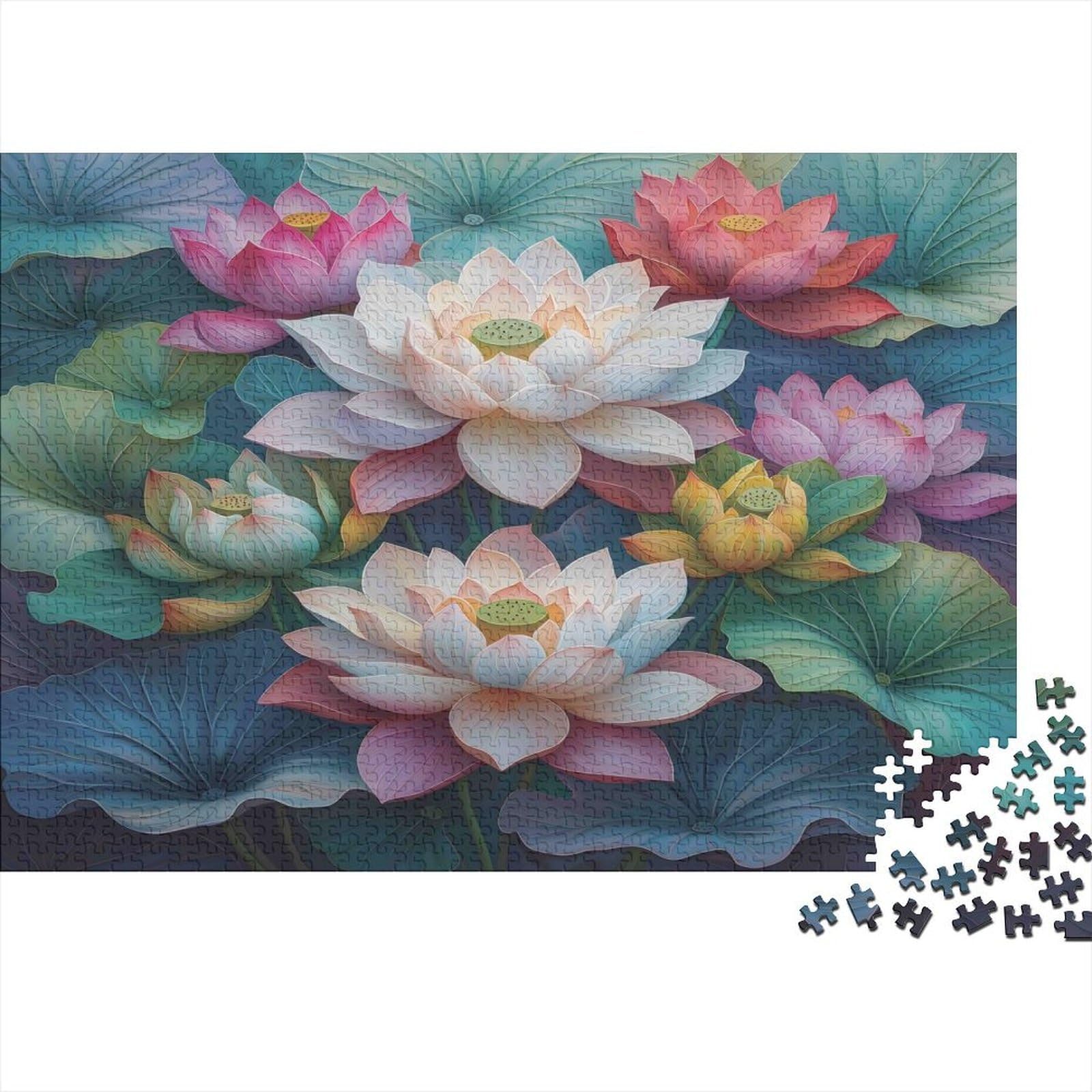 Lotus Flowers Art Jigsaw Puzzles Puzzle for Adults Kids. 1000 Pieces Great Gifts Challenge Toy Educational Games Home Decoration for Adults& Kids Age 14 Years Up 52x38cm/1000pcs