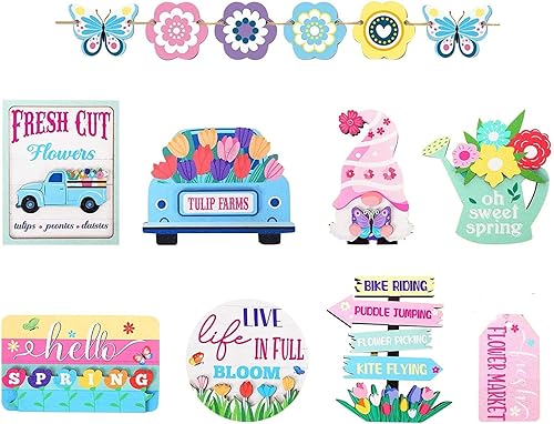 Miniatura 1 de 1 juego de bandejas escalonadas de primavera, letreros de mesa de madera, bloques de gnomos verdes, centros de mesa de madera con soporte para juego