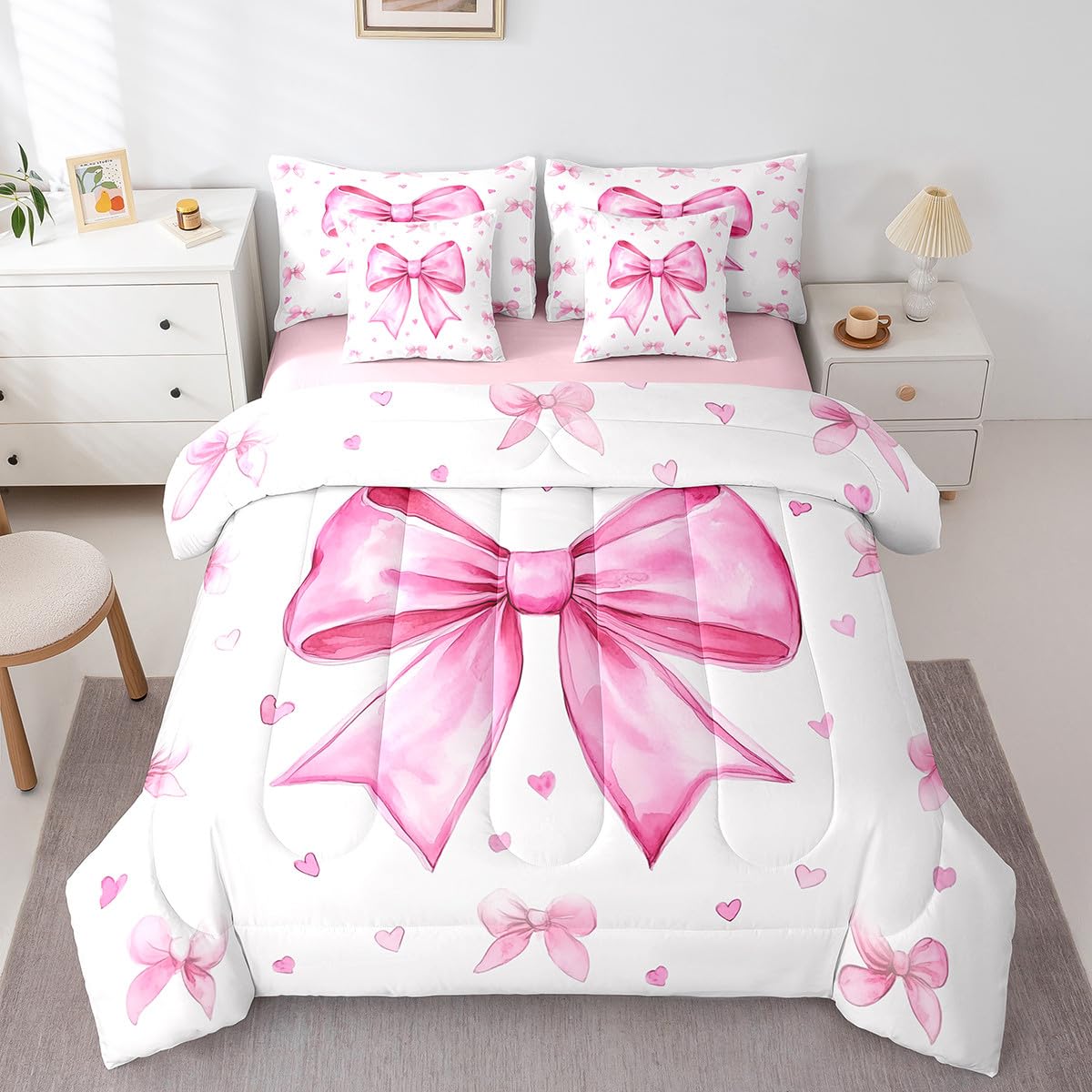 Erosebridal Girly Pink White Full Comforter Set 7 Piece,Cute Bow Girls Bed in A Bag with Sheets Dreamy Princess Bedding Set for Kids Teen Women,Kawaii