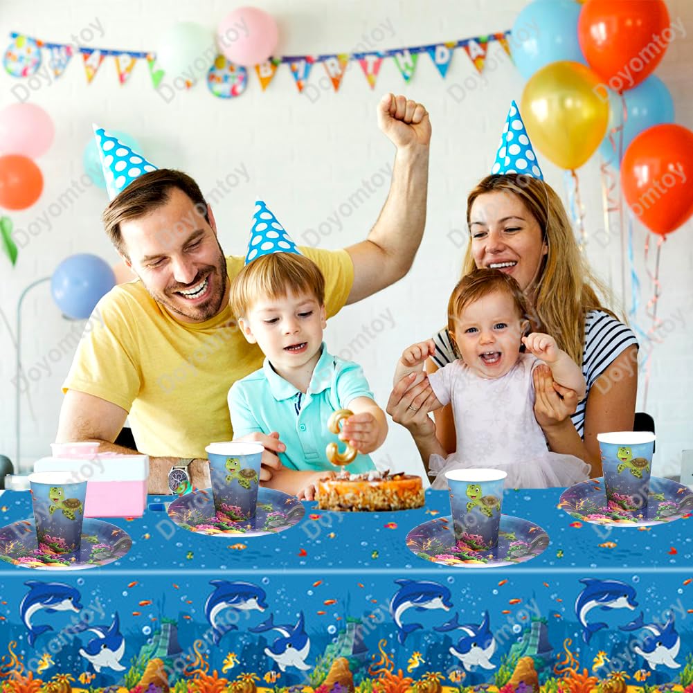 Doyomtoy Stoviglie per Feste Animali Marini, 53 Pezzi Decorazioni Compleanno Ocean Sea, Piatti, Tazze, Tovaglioli per Bambini