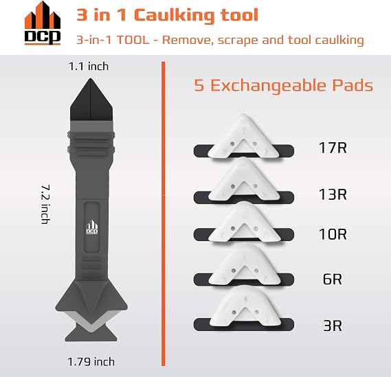 DCP Donseal 3 in 1 Caulking Tool Kit Silicone Caulking Tool for Removal, Scraping & Finishing Precise Caulk Remover & Applicator with 5 Tooling Pads Stainless Steel Caulk Scraper for Smooth Seal