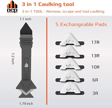 DCP Donseal 3 in 1 Caulking Tool Kit Silicone Caulking Tool for Removal, Scraping & Finishing Precise Caulk Remover & Applicator with 5 Tooling Pads Stainless Steel Caulk Scraper for Smooth Seal