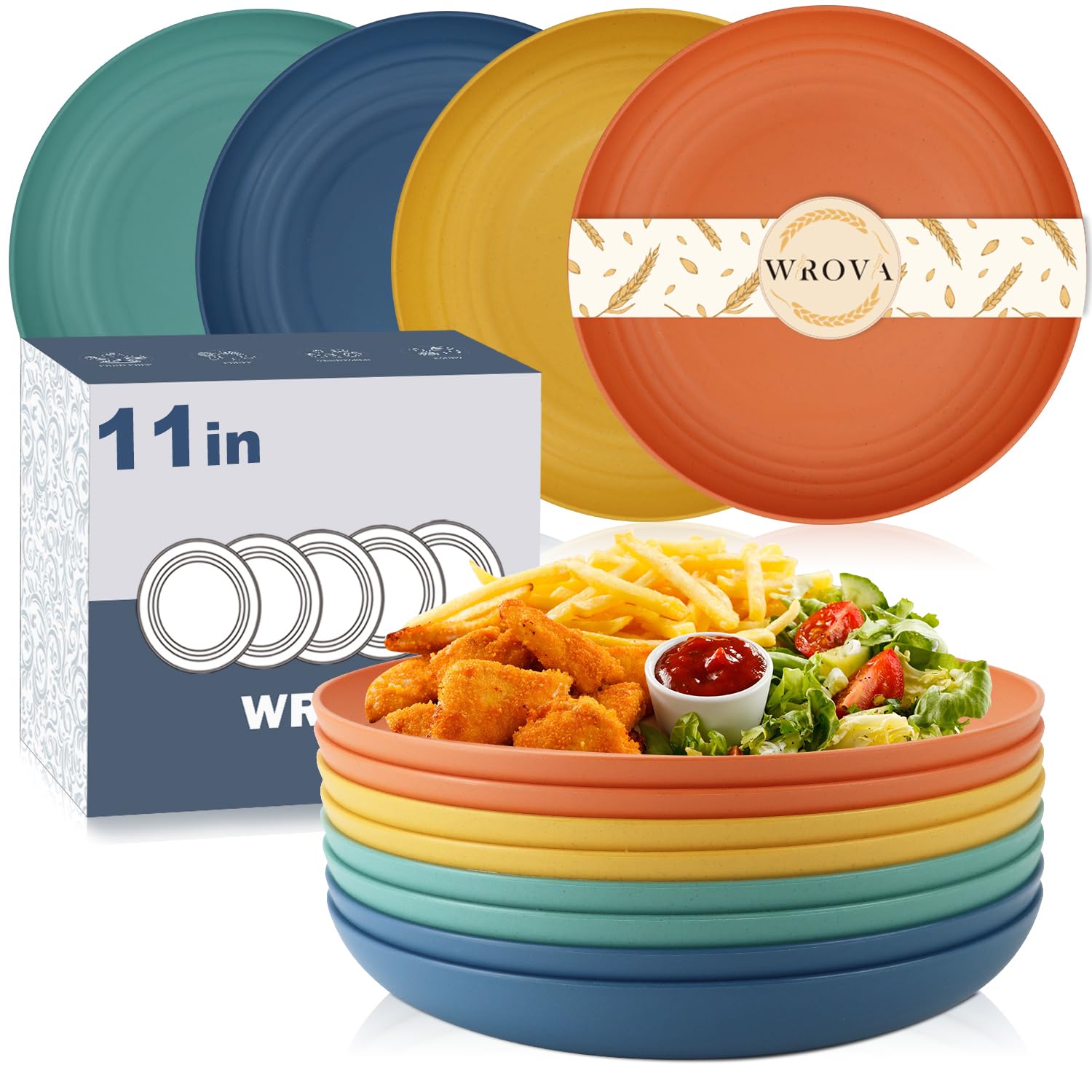 Wrova Lot de grandes assiettes en plastique incassables de 20 à 27,9 cm, passent au lave-vaisselle et au micro-ondes, grandes assiettes profondes pour la cuisine, colorées