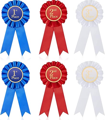 Juego de 6 piezas de roseta de cinta de premio, cinta de participación de satén, cinta honorable, cintas de premio azul, rojo y blanco, medallas de
