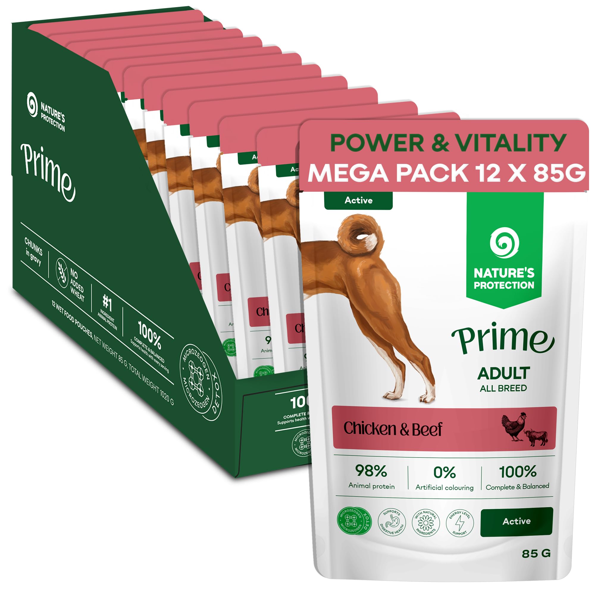 Nature’s Protection Prime Wet Dog Food Pouches for Active Adult Dogs, Hypoallergenic Dog Food in Gravy with Chicken and Beef, High Energy Formula, 12 x 85g
