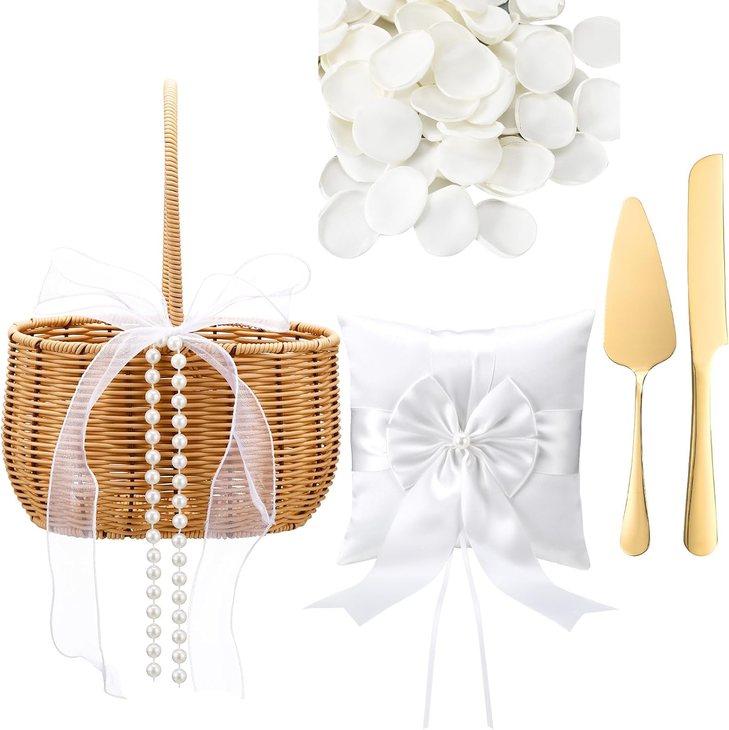 4 Pack Flower Girl Basket with Ring Bearer Pillow, 300 Pcs Silk Petals and Gold Cake Cuttings, Wedding Basket with Pearl and Bow, Wedding Essentials Bundle Set for Ceremony Bridal Shower