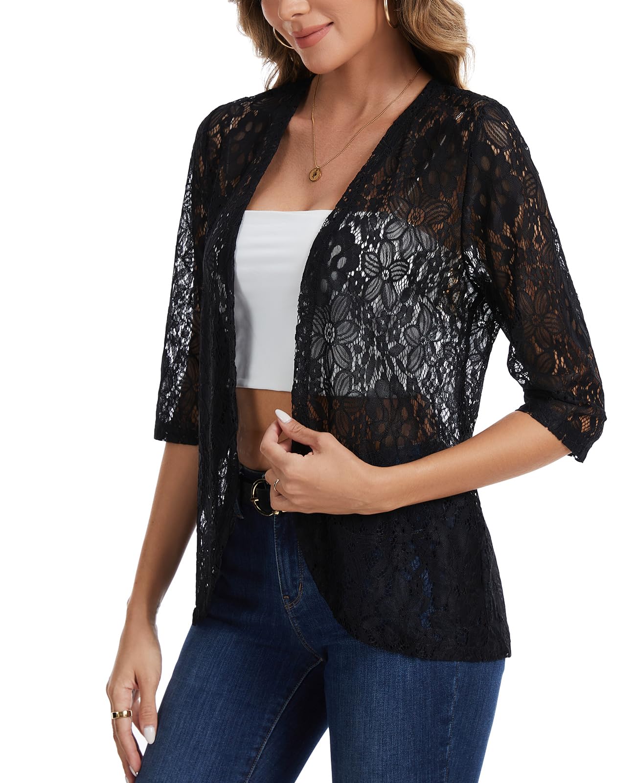 Cardigan da donna in pizzo aperto sul davanti manica a 3/4 coprispalle bolero casual coprispalle stratificazione top dress cover up elegante