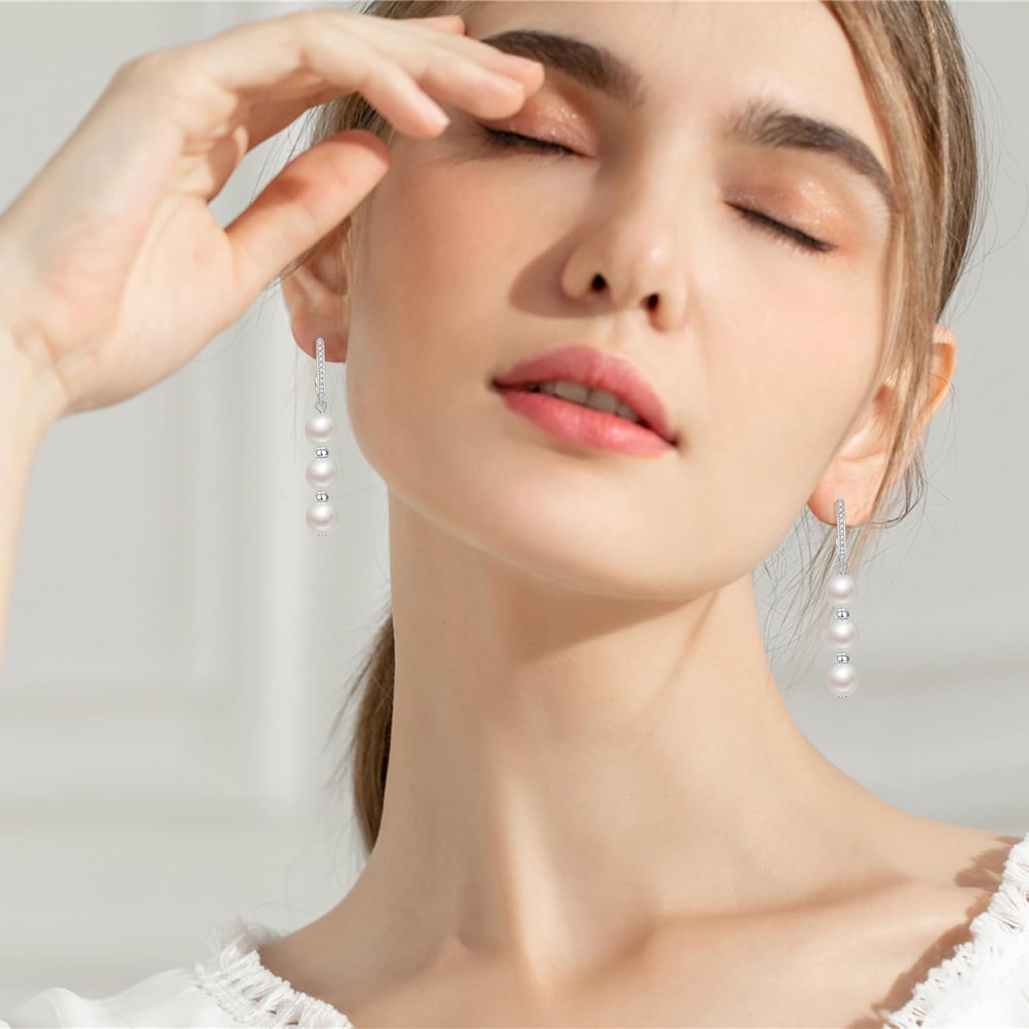 GW Pearl Drop Earrings for Women 925 Sterling Silver Pearl Dangle Earrings with Cubic Zirconia, Wedding Pearl Tassel Earrings Jewelry - Image 3