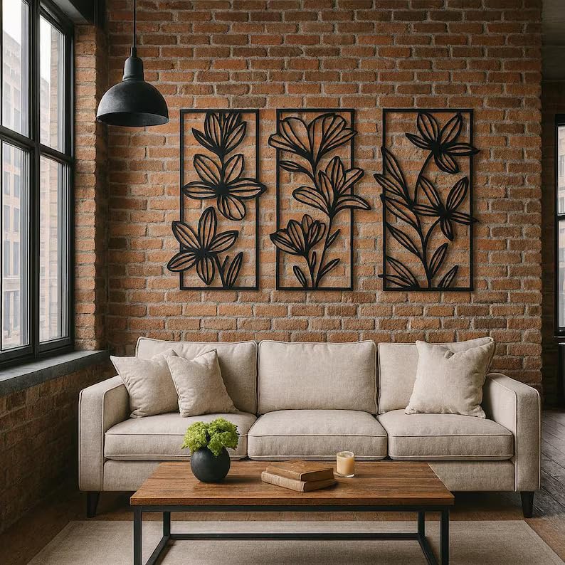Image of Set of 3 Black Floral woodan Metal Wall Art - 30x18cm Each - Modern Botanical Decor for Bedroom, Dining Room, Hallway or Office - Great Gift
