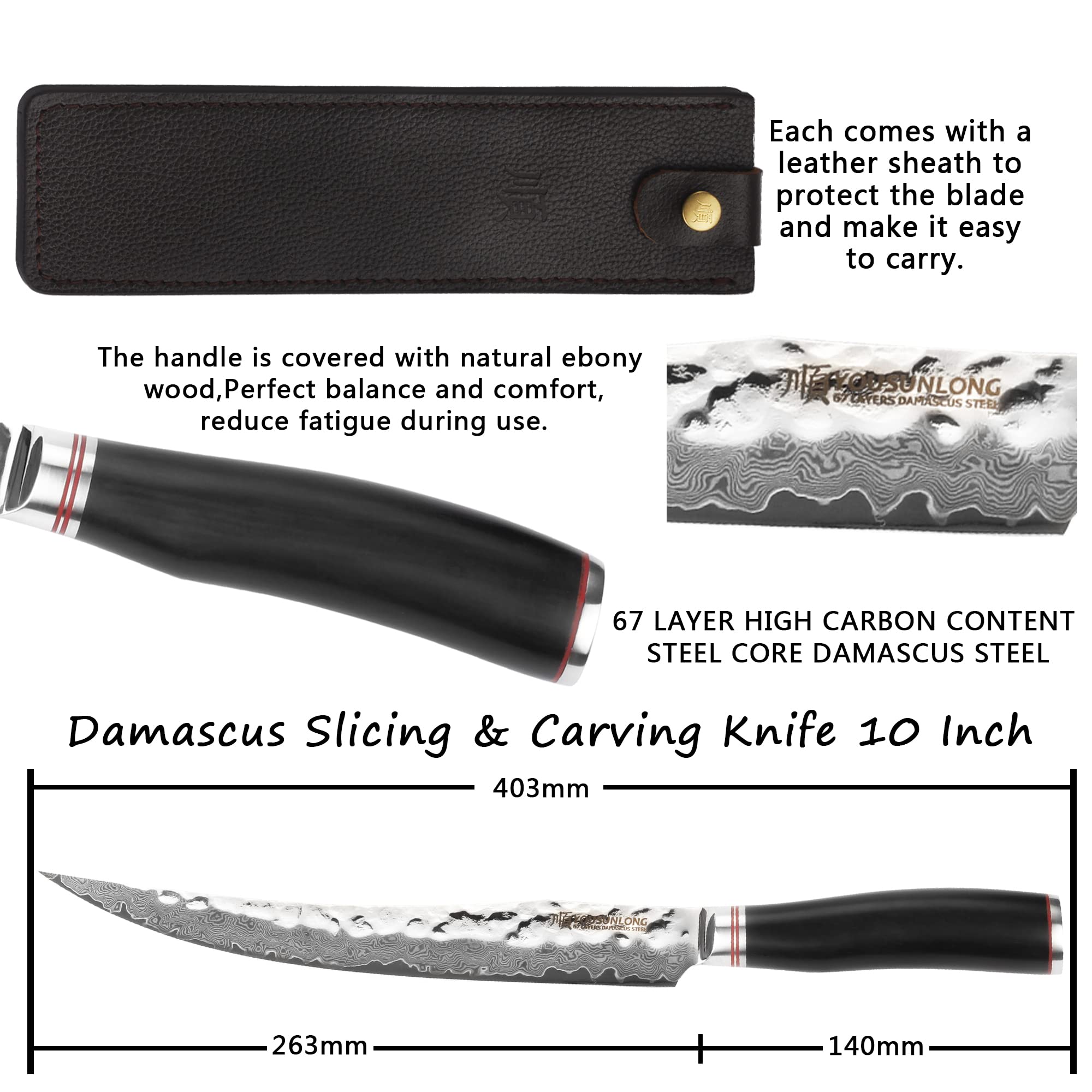 YOUSUNLONG Couteau à Trancher et à Découper 10" Trancheuse à jambon en acier martelé japonais Damas Lame de rasoir - Manche en ébène naturel avec fourreau en cuir