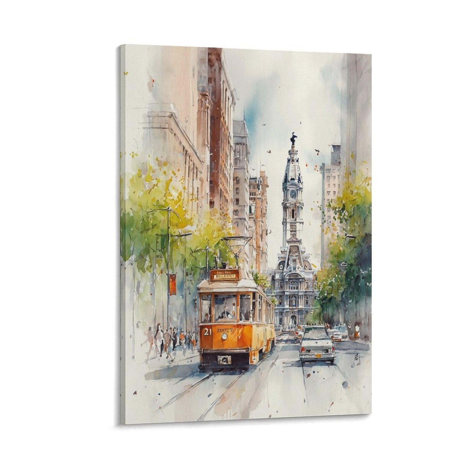 LCYNNH Philadelphia City Hall 20x30inch(50x75cm) Vintage Travel Poster Watercolor Canvas Art