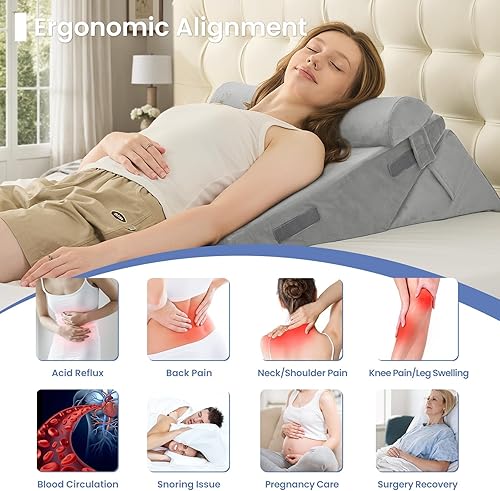 Sasttie Wedge Pillow Set for After Surgery, 3PCS Adjustable Bed Wedge Pillow Headboard with Memory Foam Neck Cushion – for Acid Reflux, Sleeping, Neck & Back Support, Dark Grey & White(Velvet - Light Grey,Adjustable 9&12 Inch + 1 Head Pillow)