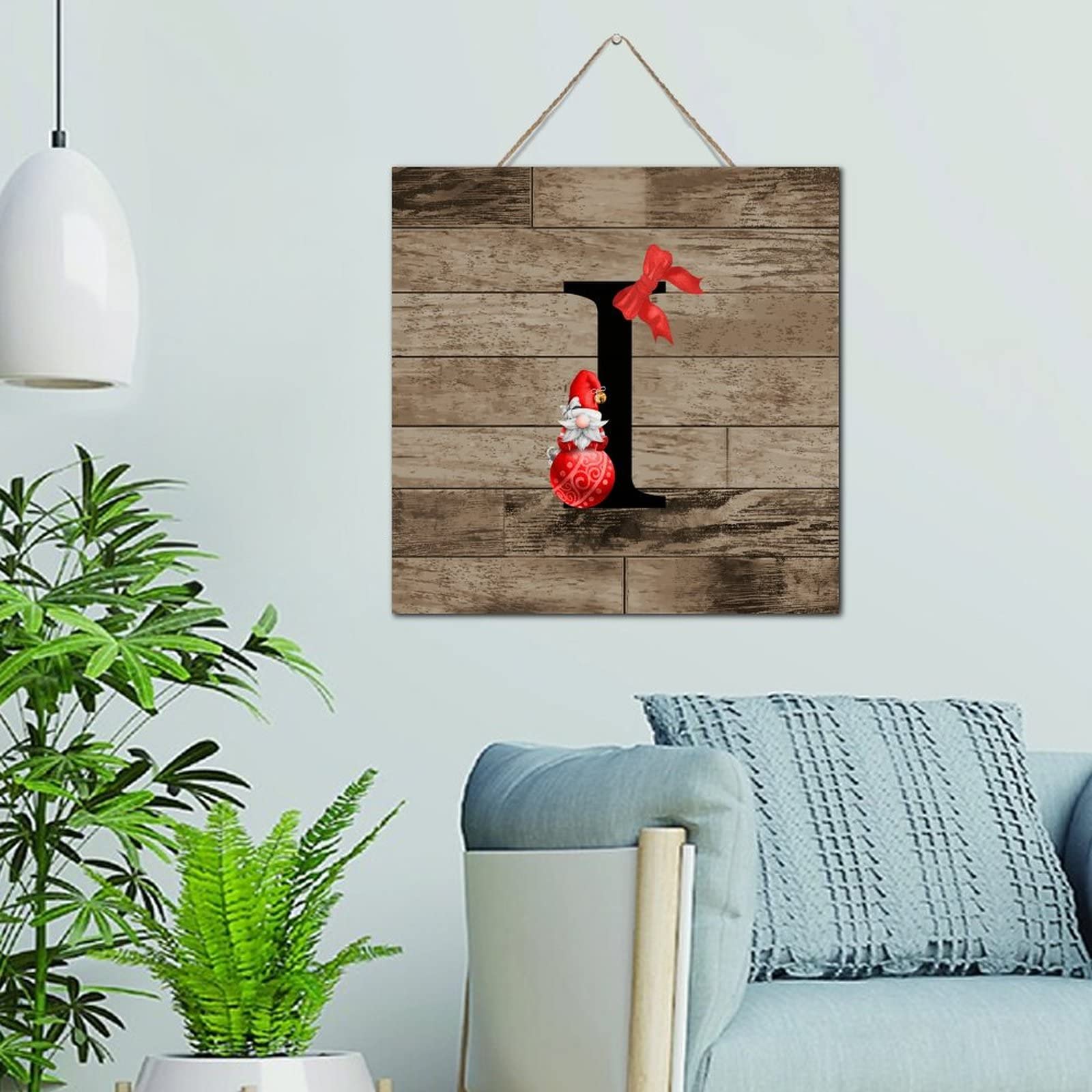 Plaque de noël en bois lettre I monogramme rouge rétro 30x30 cm