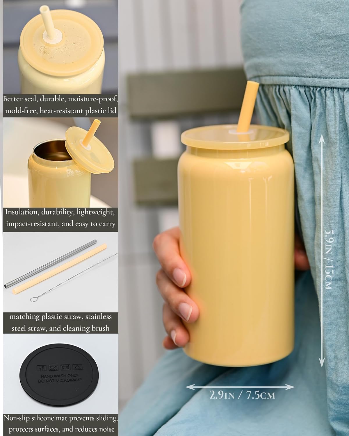 6 Pack Glass Cups With Lids and Straws, 16oz Stainless Steel Cup for Beer, Iced Coffee, Smoothie, Whiskey, Soda, Tea, Water - Sublimation With Coaster - Image 4