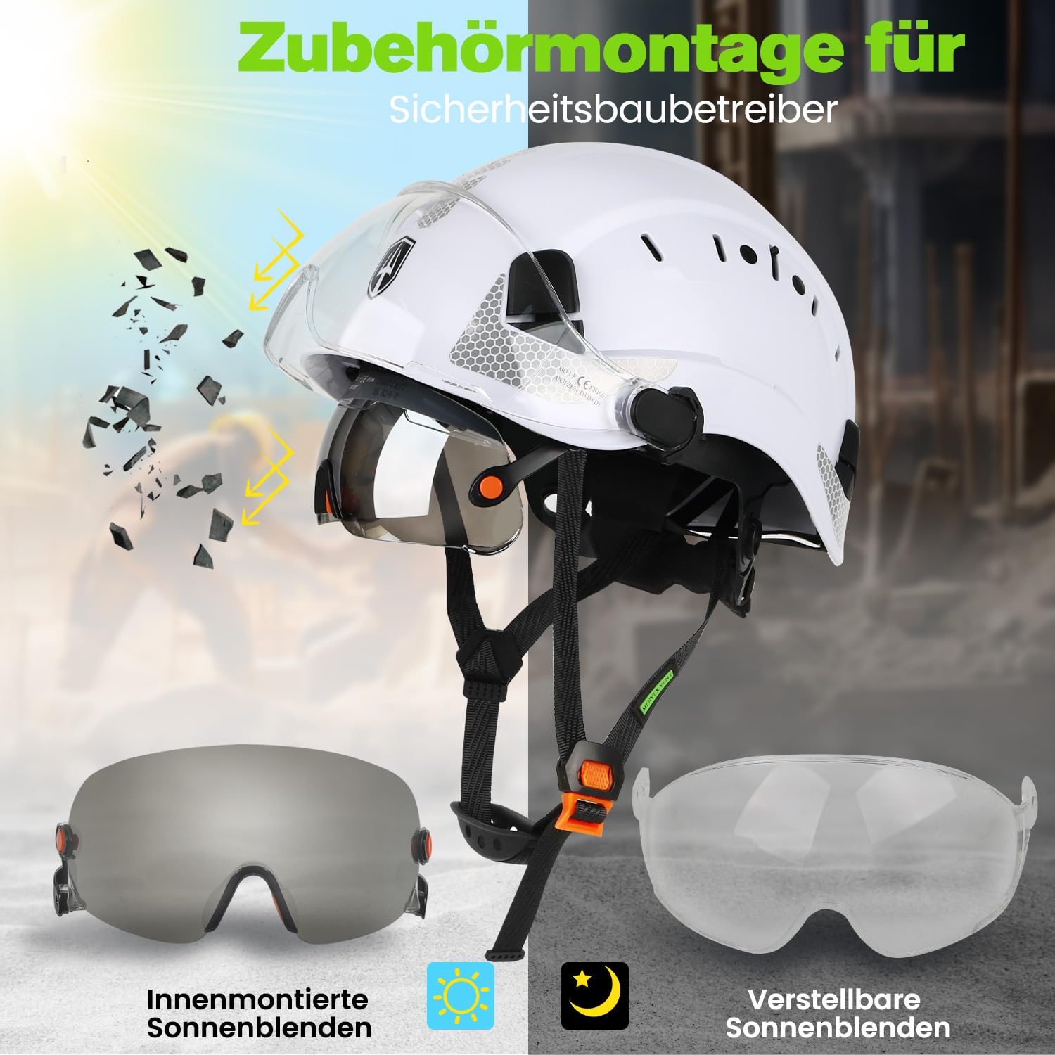 GREEN DEVIL Casco de seguridad industrial EN397 EN166 con visera transparente y teñida doble visera